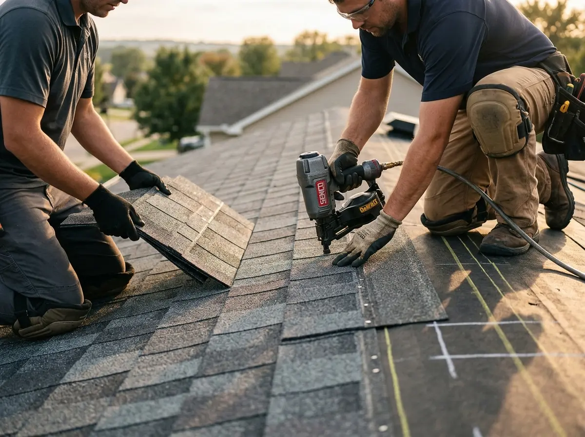 Professional roofer working on a residential roof in Town 'n' Country